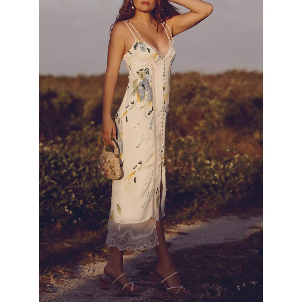By Anthropologie Lace Button-Front Midi Slip Dress Floral Layered Crepe SZ 4 US
